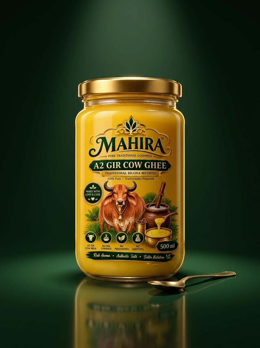 MAHIRA A2 Gir Cow Ghee in a premium glass jar with a brass spoon