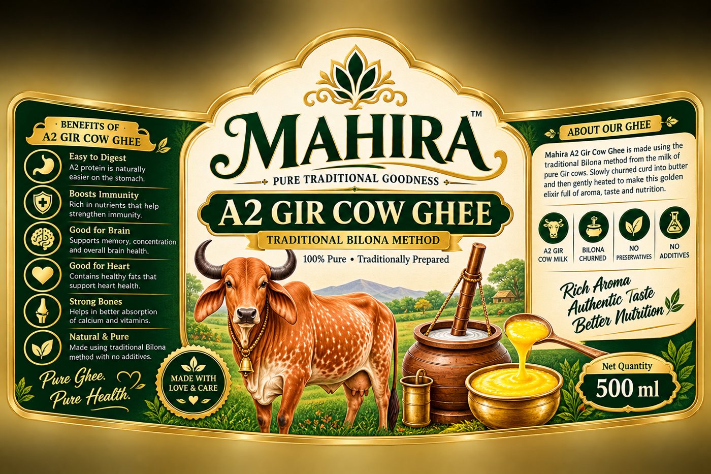 MAHIRA A2 Gir Cow Ghee — official label, Traditional Bilona Method